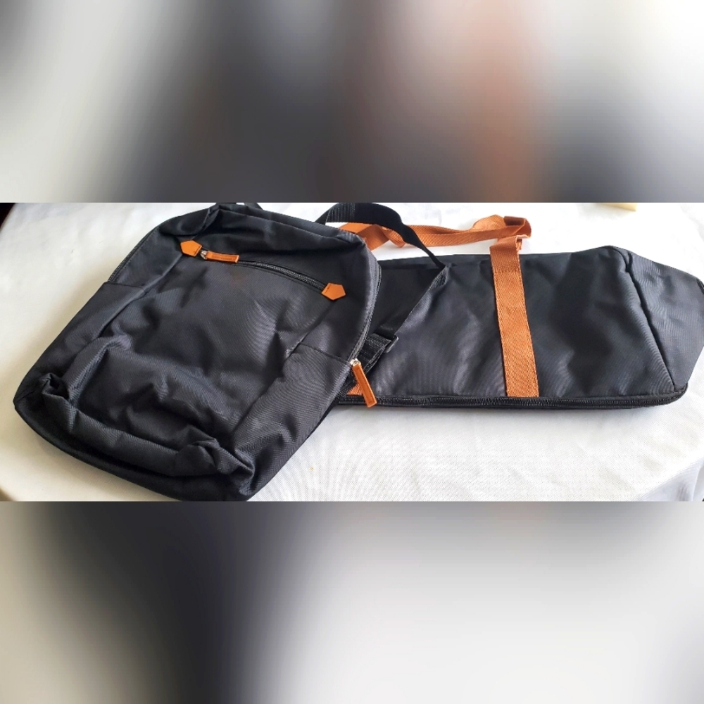 NWOT DSW Black Canvas Backpack and matching Duffle Bag with Tan Straps